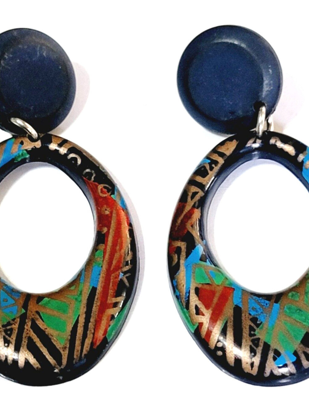 Vintage Colorful Dangle Pierced Earrings, 3” Black Red Blue Abstract kp-10